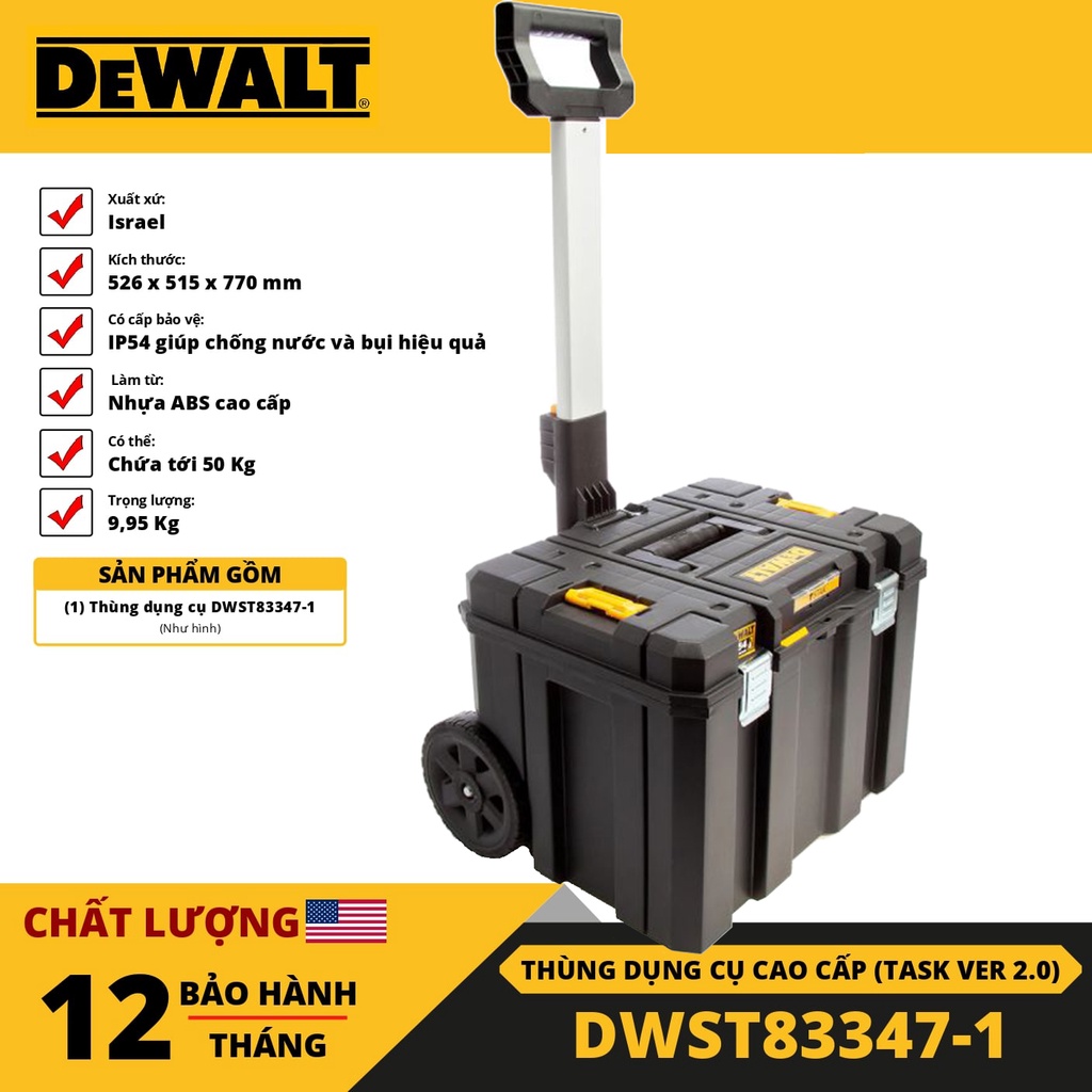 Hộp dụng cụ có tay kéo Dewalt DWST83347-1 | kích thước 526 x 515 x 770 mm, chất liệu nhựa ABS [CHÍNH HÃNG][XTOOLs]