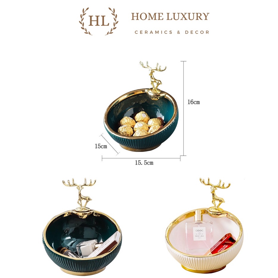 Bát Sứ Đựng Kẹo - Chìa Khóa - Phụ Kiện Decor 2023| Âu Sứ Decor Kẻ Vàng Kim Vân Nổi Hình Hươu Mạ Vàng ( Hàng Có Sẵn )