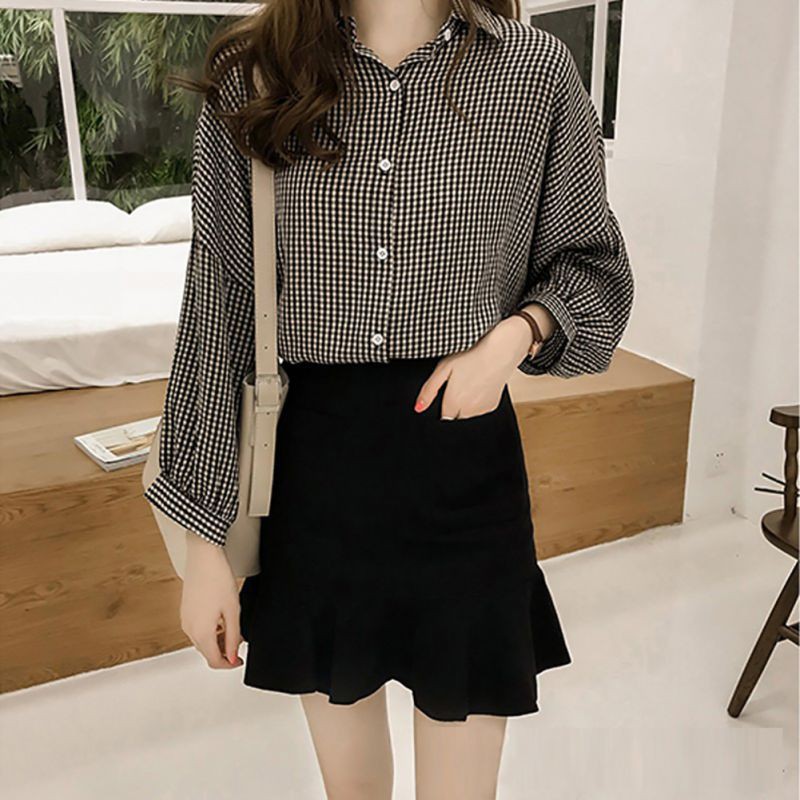 Áo sơ mi ca rô tay dài thời trang thanh lịch cho nữ