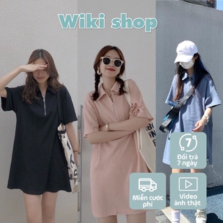 Váy đầm nữ cộc tay cổ polo chất thun tăm khóa cổ xanh đen hồng freesize phom suông dáng A hàn quốc thể thao C787