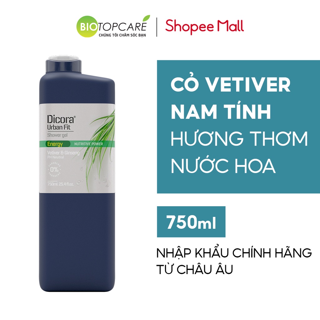 Sữa tắm Dicora Urban Fit Energy Cỏ Hương Bài &amp; Nhân Sâm 750ml - BioTopcare Official