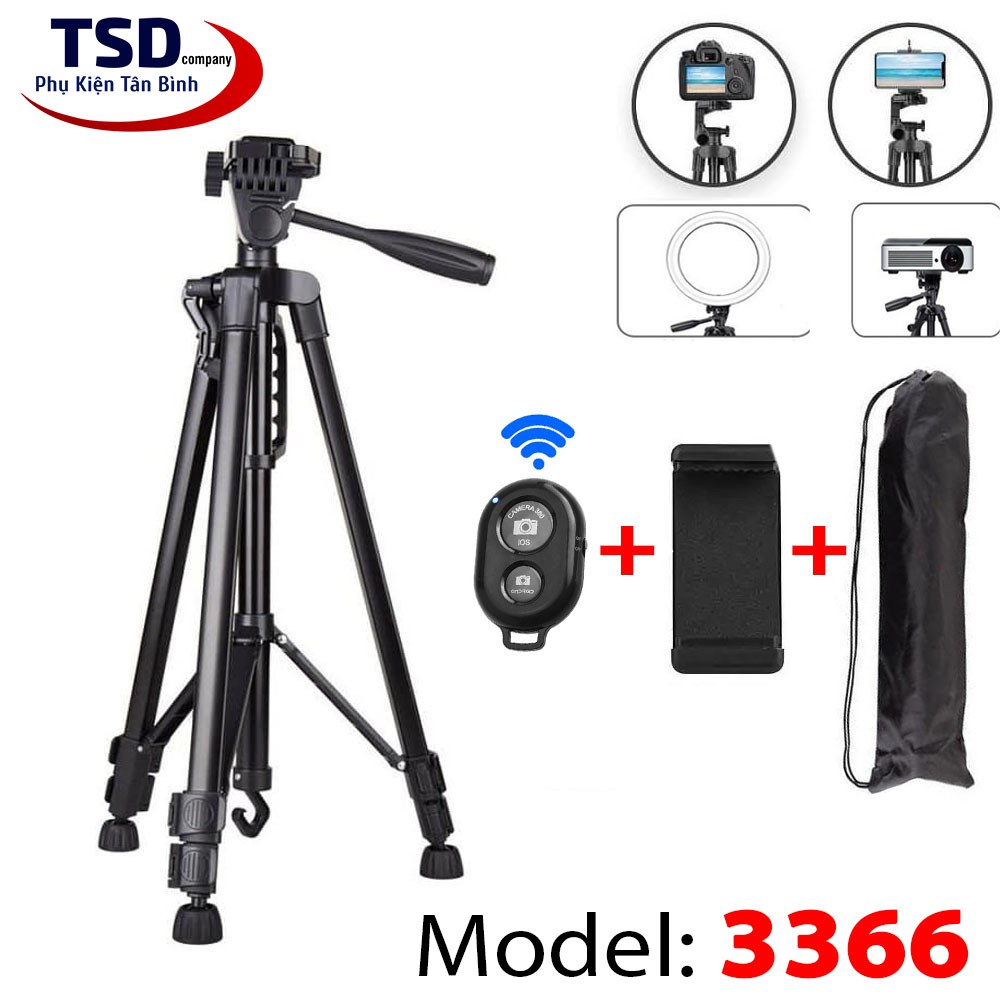 Combo Tripod 3 Chân 3366 Cho Điện Thoại, Máy Ảnh Tặng Kèm Remote &amp; Kẹp