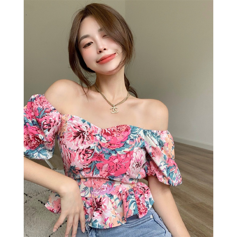 Áo Kiểu Tay Phồng Hở Lưng Họa Tiết Hoa Thời Trang Mùa Hè Cho Nữ