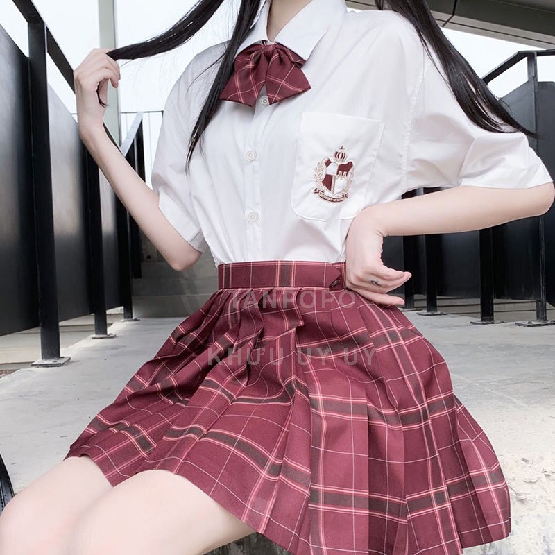 [SẴN SIZE S] Seifuku/ JK/ Set váy đồng phục học sinh: áo sơ mi thêu huy hiệu hoàng gia thắt nơ + chân váy xòe xếp ly