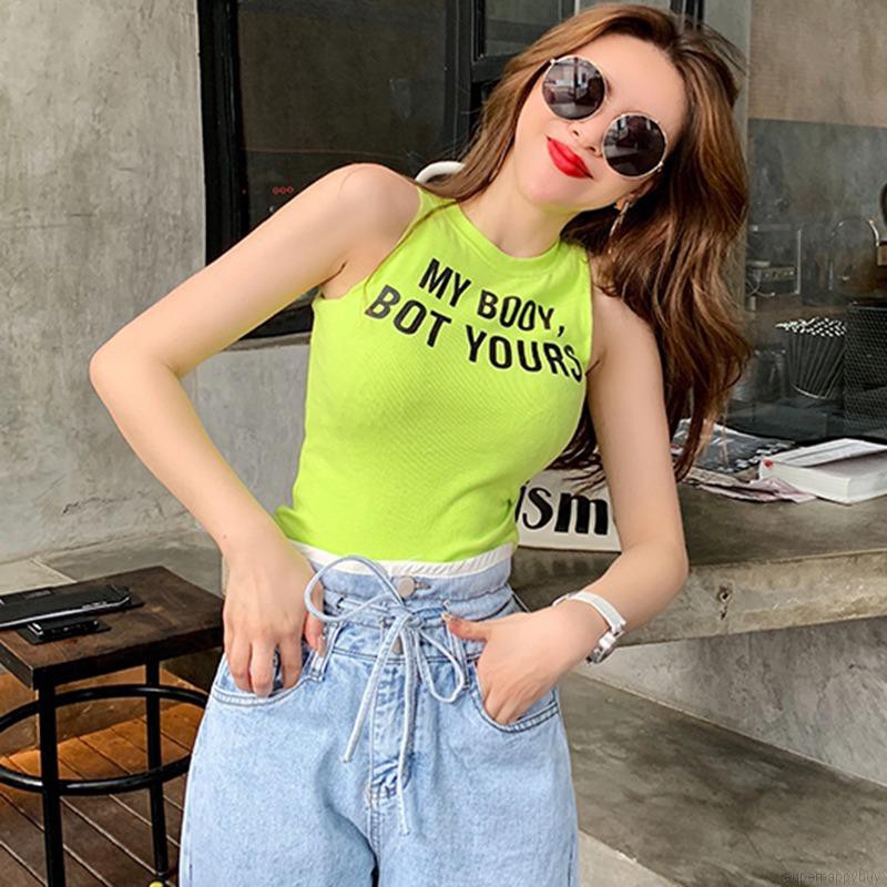 Áo thun nữ không tay cổ tròn in chữ thời trang cá tính | BigBuy360 - bigbuy360.vn