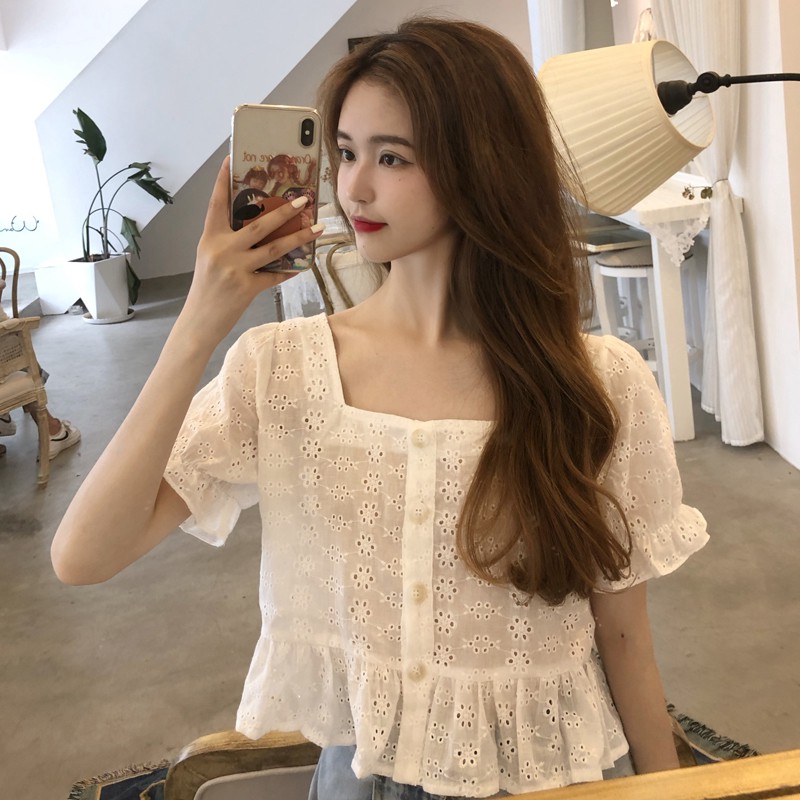 Áo croptop áo kiểu nữ tiểu thư đẹp tay ngắn cổ vuông điệu đà dễ thương sang chảnh thời trang bánh bèo 2020