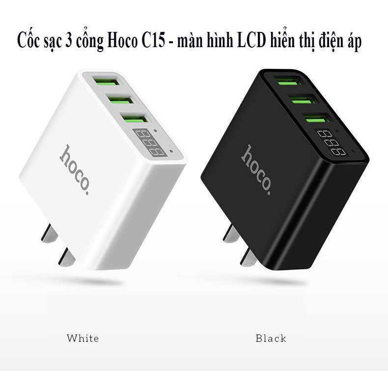 [FREESHIP 99K]_Cốc Sạc Nhanh Hoco C15 3 USB ✔ Màn Hình LCD Giá Rẻ ✔ Bảo Hành Toàn Quốc