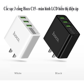 Củ sạc 3 cổng hoco c15 có đèn lcd led + full box + chính hãng