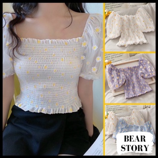 ÁO CROPTOP NỮ NHÚN IN HOA CÚC TAY NGẮN 🎀By bear.story