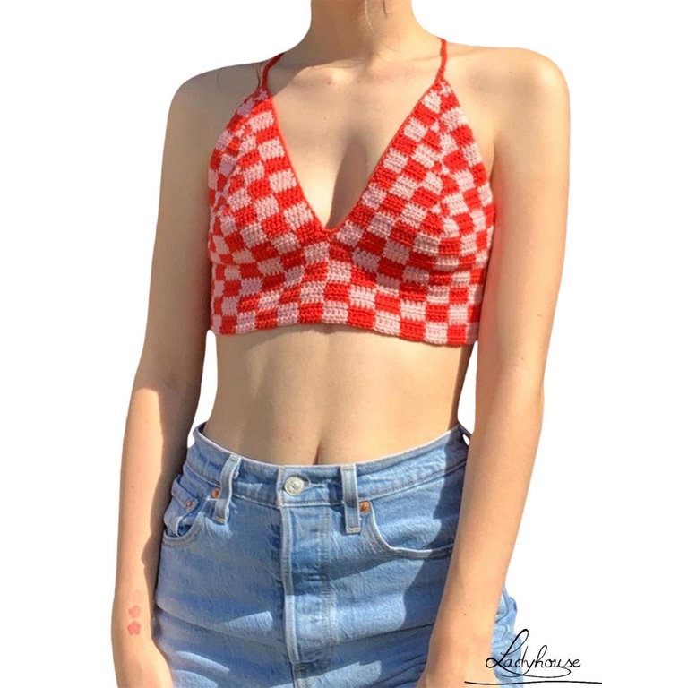 LD-Women´s Halter Crop Cami Tops, Sleeveless Self-Tie Backless Checkerboard Print Crochet Camisole