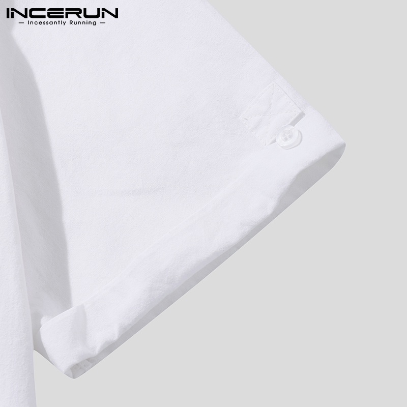 Áo sơ mi INCERUN màu trắng ngắn tay cột dây ở cổ thời trang hè cho nam