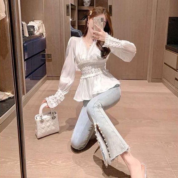 Quần jeans lưng cao ống loe đính hạt ngọc trai kiểu dáng thời trang mùa hè dành cho nữ