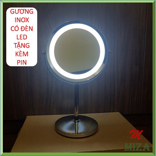 GƯƠNG TRANG ĐIỂM ĐỂ BÀN INOX/GỖ CÓ ĐÈN LED, TẶNG KÈM PIN/ DÂY SẠC MKZ156