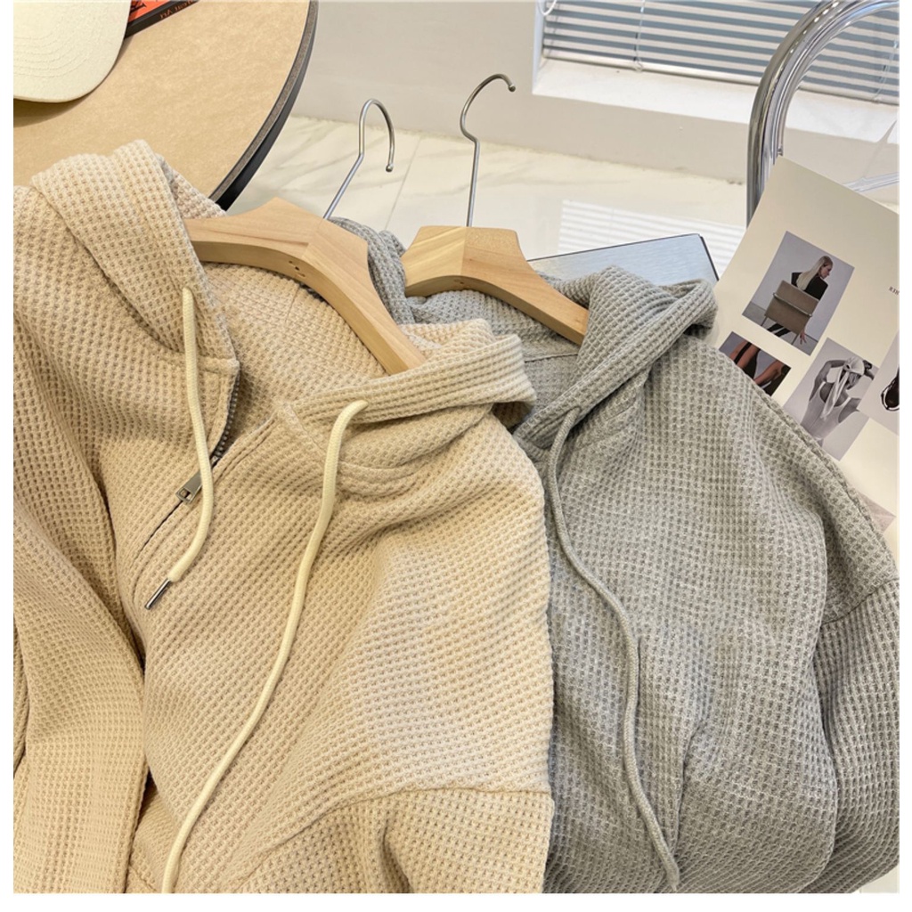 Áo khoác sweater HIIXIIVI dáng rộng có mũ trùm phối khóa kéo thời trang mùa thu 2022 cho nữ