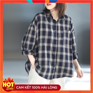 Áo sơ mi nữ kẻ caro cổ đức tay dài dáng rộng 2 màu trẻ trung basic