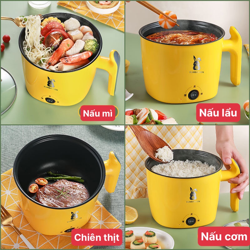 Nồi Lẩu Điện Mini, Nấu Mì 2 Tầng Kèm Giá Hấp Đa Năng Nướng, Luộc, Chiên Chống Dính Vấn Đá Tiện Lợi, Ca nấu mì mẫu mới