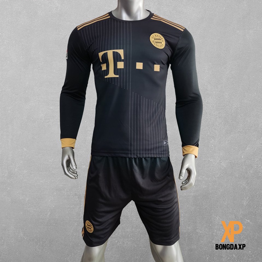 Quần áo bóng đá tay dài, đồ đá banh dài tay CLB Bayern Muniich Đen Vải thun lạnh cao cấp