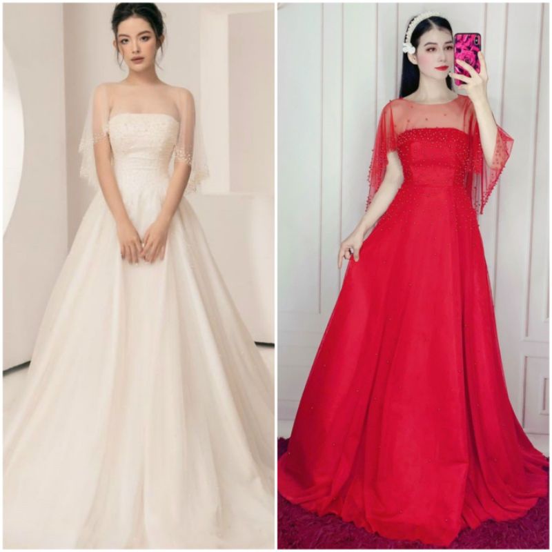 Đầm váy dạ hội cô dâu đi bàn lưới xòe đính ngọc mặc 2 trong 1, cúp ngực kèm áo choàng