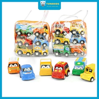 Bộ 6 xe ô tô đồ chơi mini cho bé xinh yêu các loại: xe công trình, xe cứu hộ, xe buýt,...Tunakids