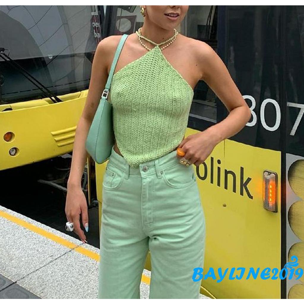 BAY-Women´s Crop Cami Tops, Sleeveless Criss Cross Self-Tie Backless Solid Color Crochet Camisole