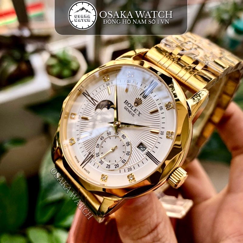 Đồng Hồ Cơ Nam Rolex Sun Moon Automatic Kim Cương Dây Kim Loại Lịch Ngày Cao Cấp