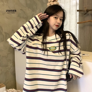 SUXI Áo Thun Tay Dài Cổ Tròn Dáng Rộng Kẻ Sọc Phong Cách Hàn Quốc Thời Trang Mùa Thu Cho Nữ