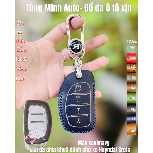 Bao da chìa khoá ô tô Huyndai Creta SMK 4 nút bấm da bò thật handmade
