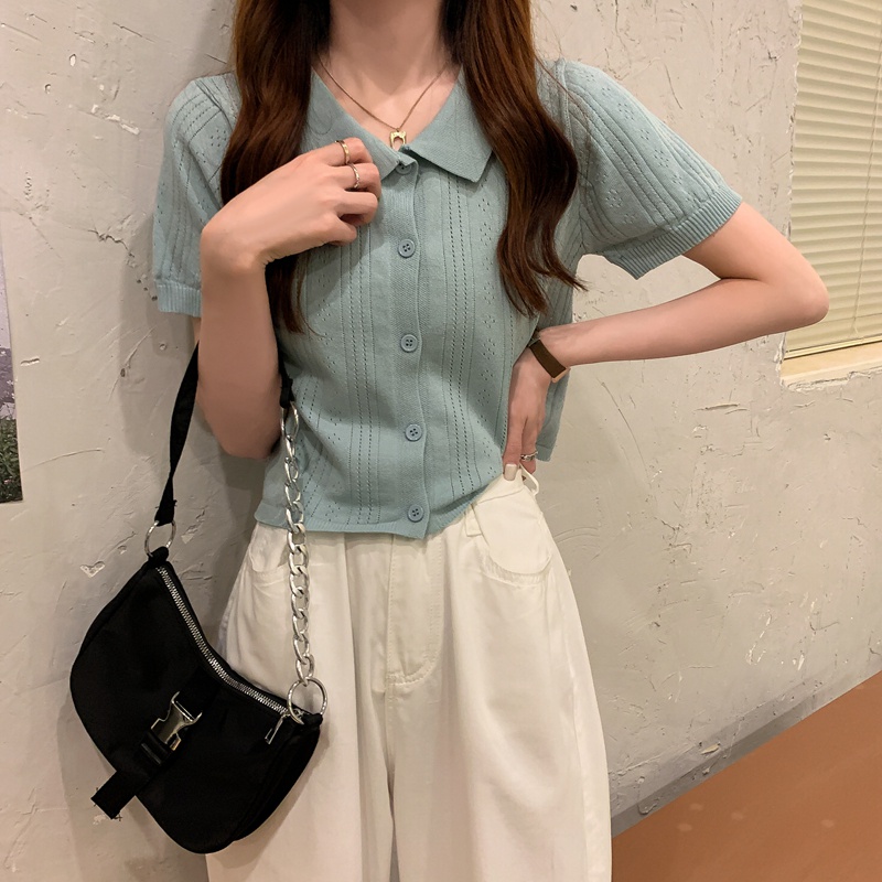 Áo kiểu XIAOZHAINV tay ngắn cổ polo vải lụa lạnh 3 màu sắc tùy chọn thời trang dành cho nữ