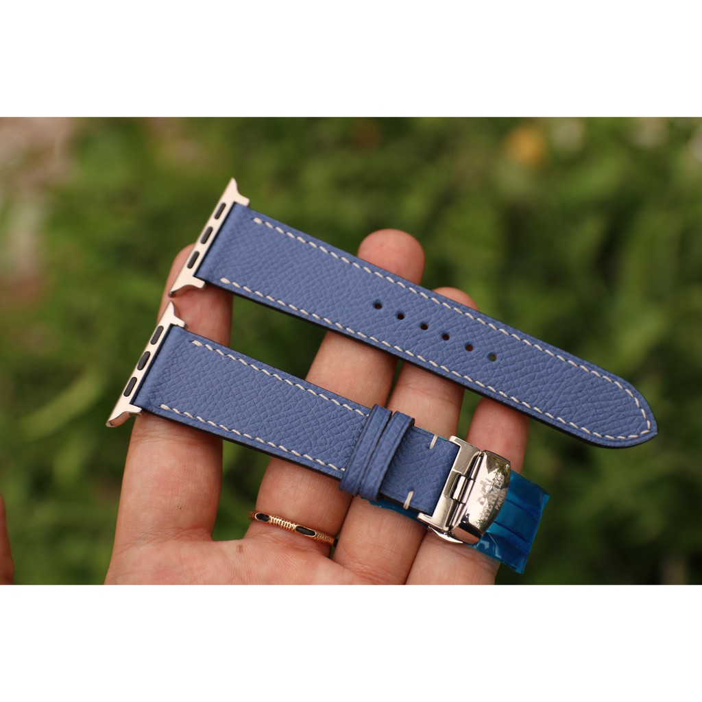Dây da đồng hồ Apple watch, chất liệu da Epsom Pháp - Xanh chỉ trắng- Khâu tay thủ công - Bảo hành 12 tháng