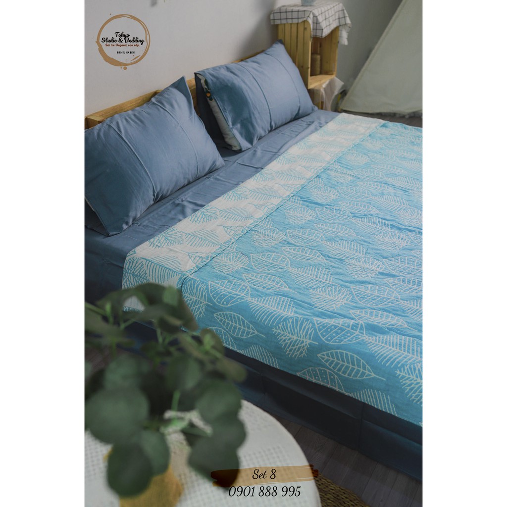 Set 08_Chăn Xô Cotton Sợi tre Organic dòng Basic &amp; Ga gối Lụa