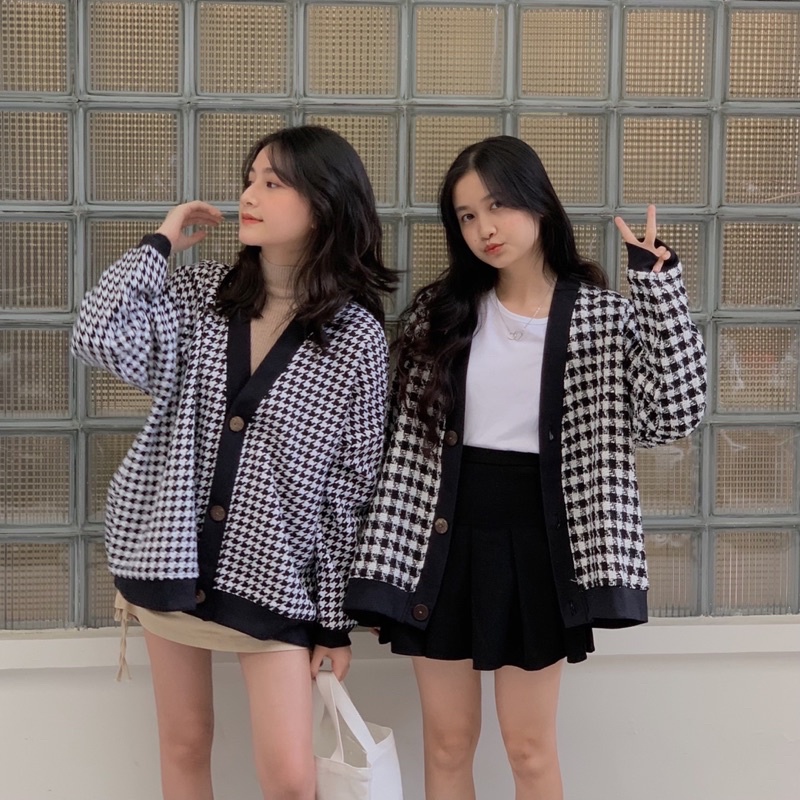Áo cardigan nỉ dạ LOLLIE STUDIO TKJ11 họa tiết mắt cáo
