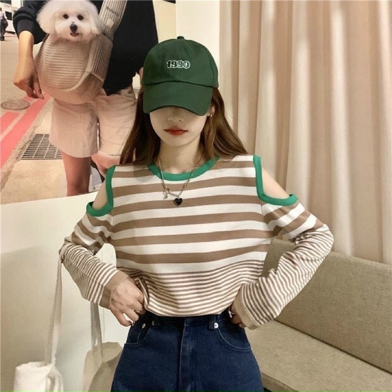 ÁO LEN FORM RỘNG SỌC NGANG VAI KHOÉT TAY DÀI 140622