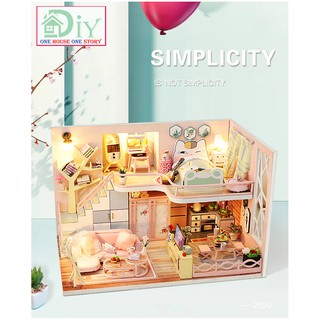 Nhà búp bê DIY SIMPLICITY bằng gỗ bao gồm nội thất và đèn LED (Tặng kèm CÓT NHẠC + khung MICA + dụng cụ keo)