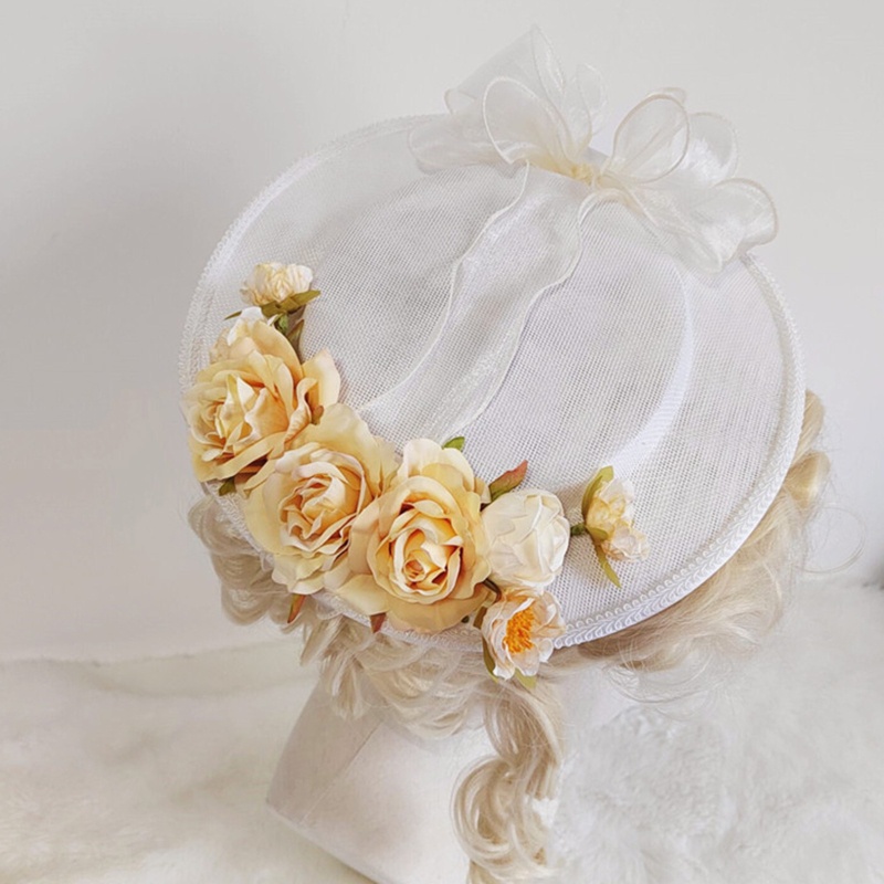 Nón Phẳng Đính Hoa Màu Vàng Nhạt Tinh Tế Phong Cách Lolita Thời Trang Đi Tiệc Trà Chiều