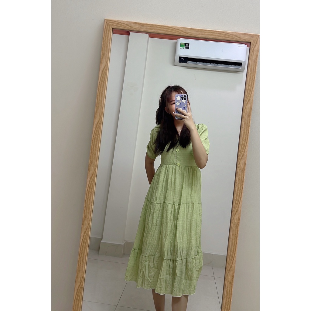 Váy Dáng Dài Cổ Tim Tay Phồng Xòe Tầng Siêu Hot Lapi VN Đầm Dài Đính Nút Nhẹ Nhàng- Lapi VN