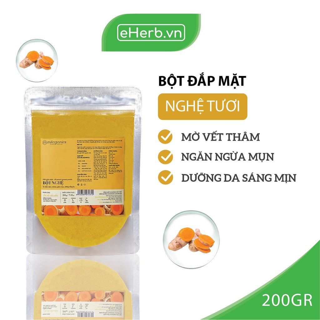 Bột Nghệ Nguyên Chất Đắp Mặt Nạ Ngăn Ngừa Mụn MILAGANICS 200g (Túi Zip)