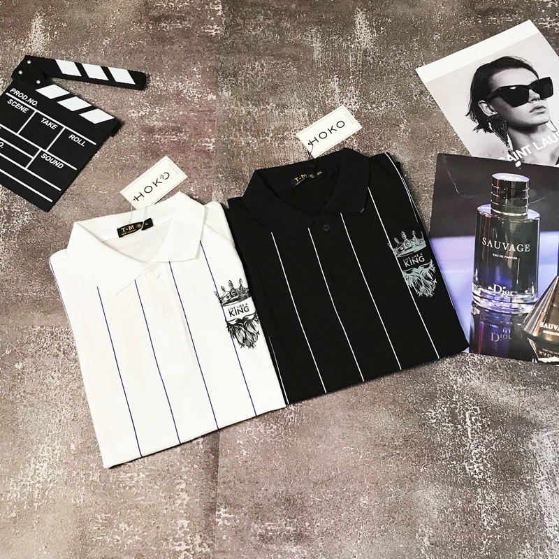 Áo Polo nam cổ bẻ tay ngắn phối kẻ sọc thêu chữ KING cực chất form ôm dáng người chất vải cotton mát | BigBuy360 - bigbuy360.vn