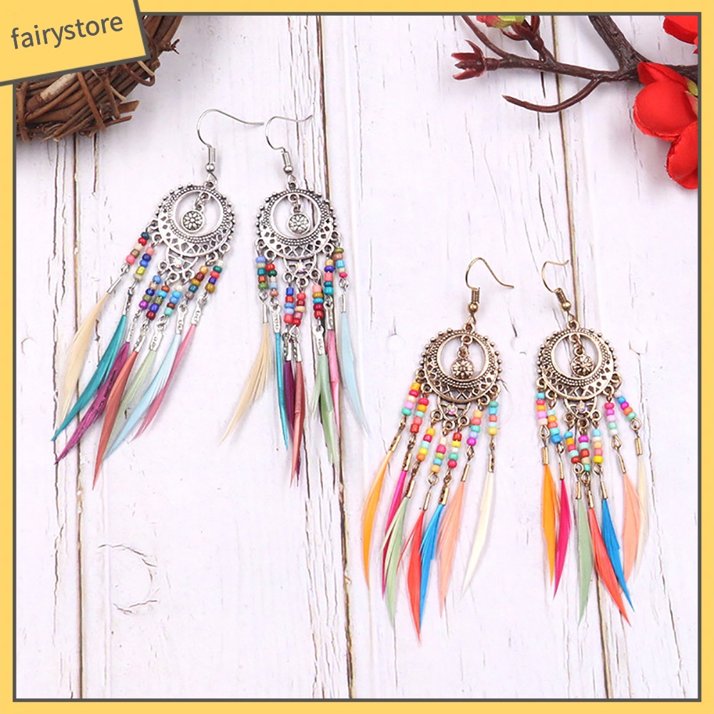 Bông Tai Móc Gắn Lông Vũ Phong Cách Bohemian Dành Cho Nữ