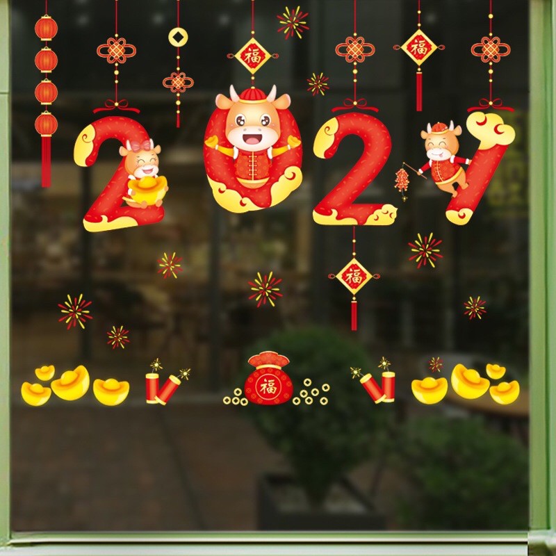 Decal trang trí Tết Hít Tĩnh Điện - 2021 Trâu vàng chào xuân