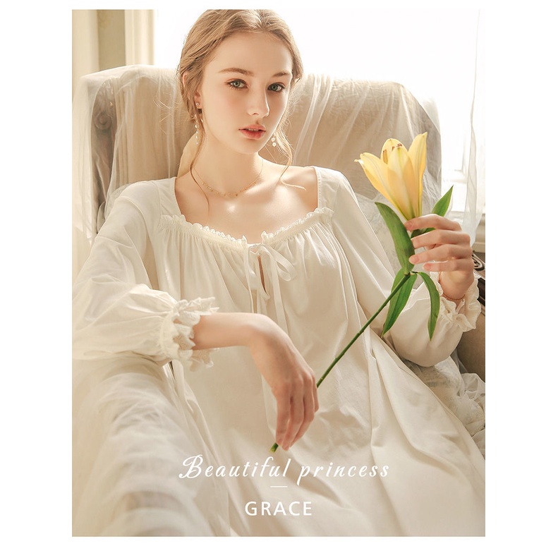 Đầm ngủ cotton tay dài dáng rộng phong cách công chúa dễ thương thời trang xuân thu cho nữ