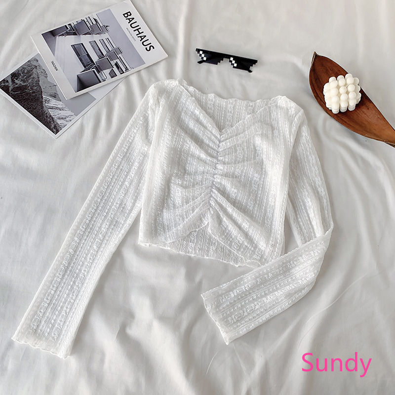Áo croptop tay dài vải ren gợi cảm thời trang mùa hè cho bạn gái áo kiểu ren