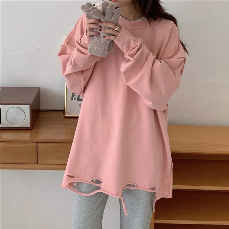 Áo sweater nữ form rộng dài rách vải nỉ quảng châu BST unisex ullzang 2021 Áo sweater nữ bigsize du lịch đi học hàn quốc