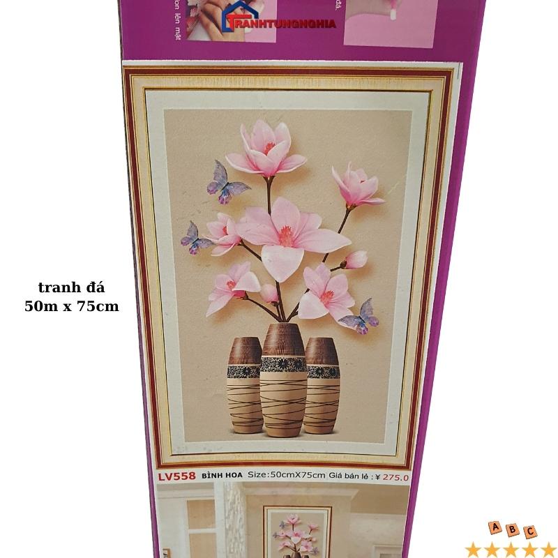 Tranh đính đá, tranh thêu chữ thập bình hoa khoe sắc 50cm x 75cm
