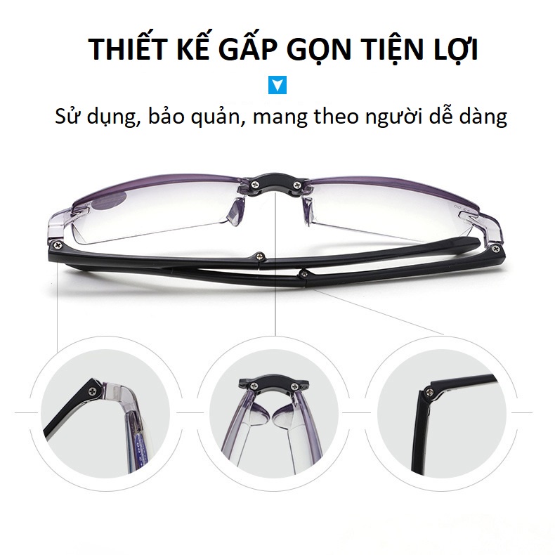 Kính lão đọc sách không viền gập gọn tiện lợi , giảm mỏi mắt, chống chói,chống ánh sáng xanh có hại từ điện thoại,laptop