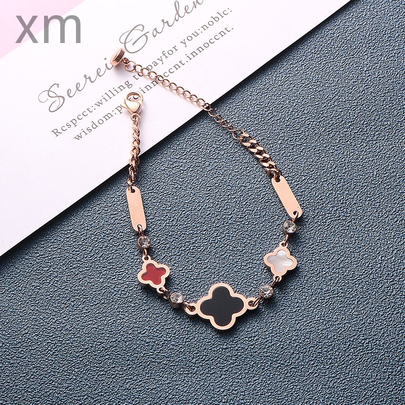 Vòng Tay Cỏ Bốn Lá Bằng Thép Titan Mạ Vàng Hồng 18k Màu Trắng Đen