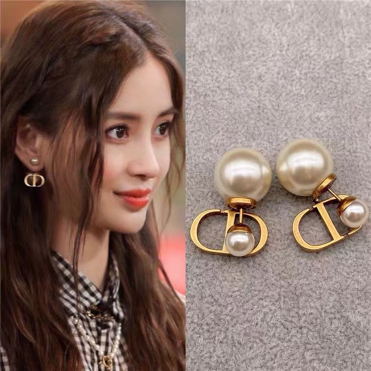 Dây chuyền/ khuyên tai 17KM hình chữ cái CD đính ngọc trai nhân tạo thời trang