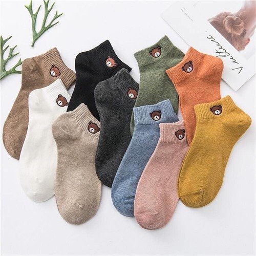 Combo 10 đôi tất gấu cổ ngắn họa tiết Brown tặng kèm túi đựng - ALALA