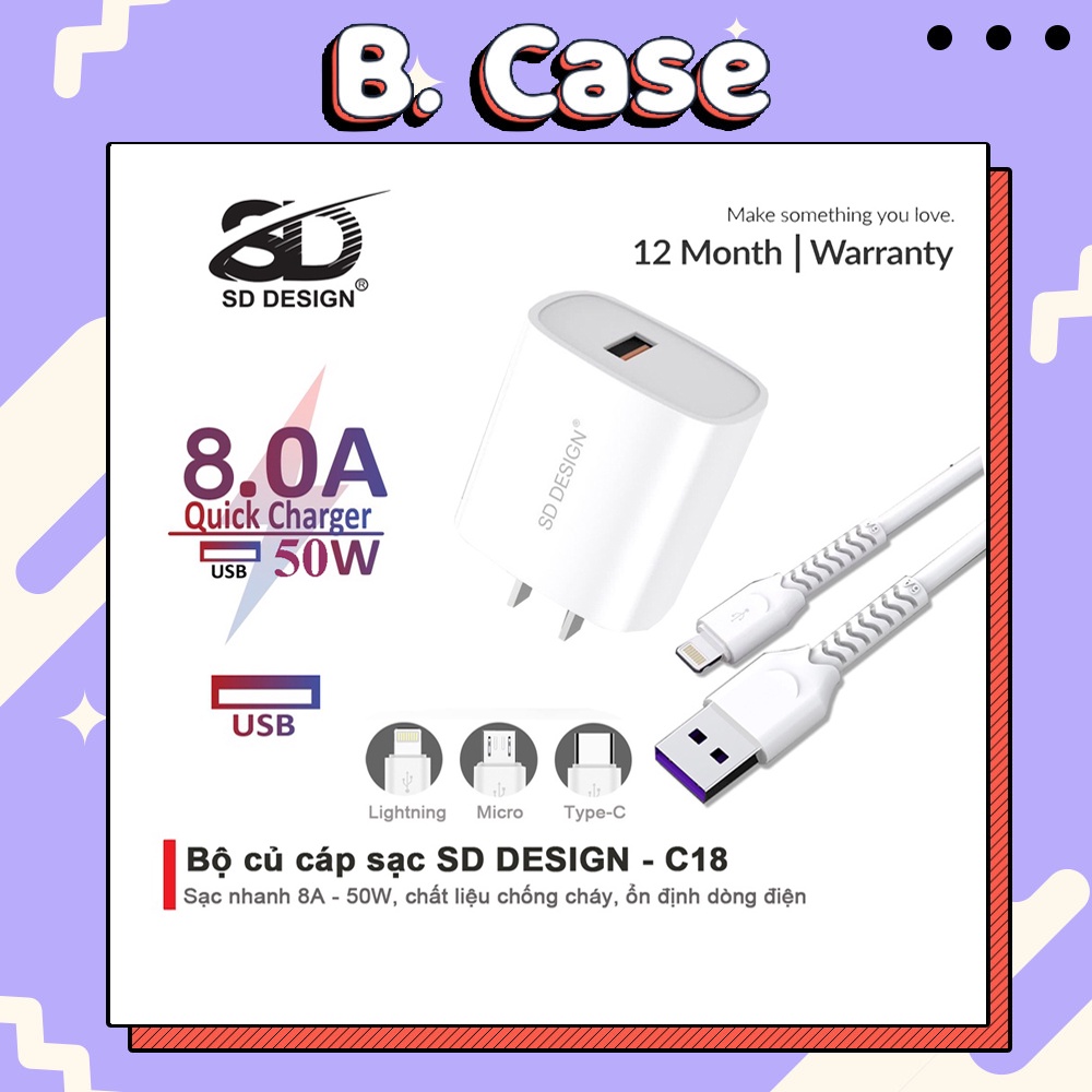 Bộ Củ + Cáp Sạc C18 chính hãng SD DESIGN sạc nhanh an toàn cho điện thoại iphone, samsung, oppo, xiaomi