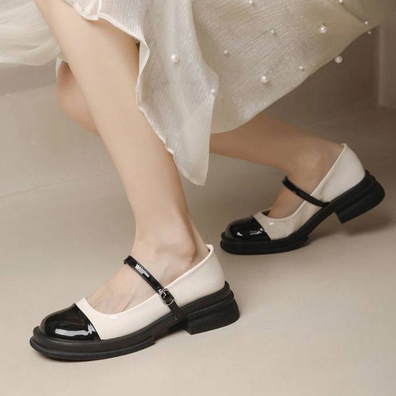 Giày da RENBEN đế dày mũi tròn màu đen be phong cách retro cổ điển