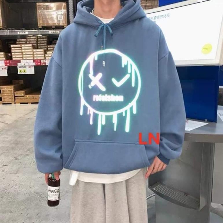 Áo hoodie nỉ bông phản quang mặt cười chảy DA6